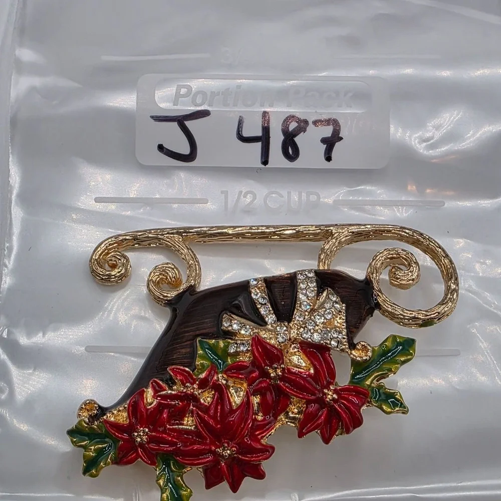 Vintage Anne Klein Christmas Sleigh Poinsettia Brooch Enamel Rhinestones Holiday